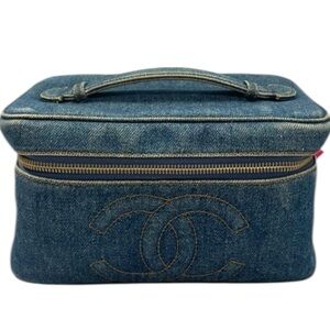 Chanel Denim Vanity Case Cosmetic Bag Blue CC Logo Gold Hardware